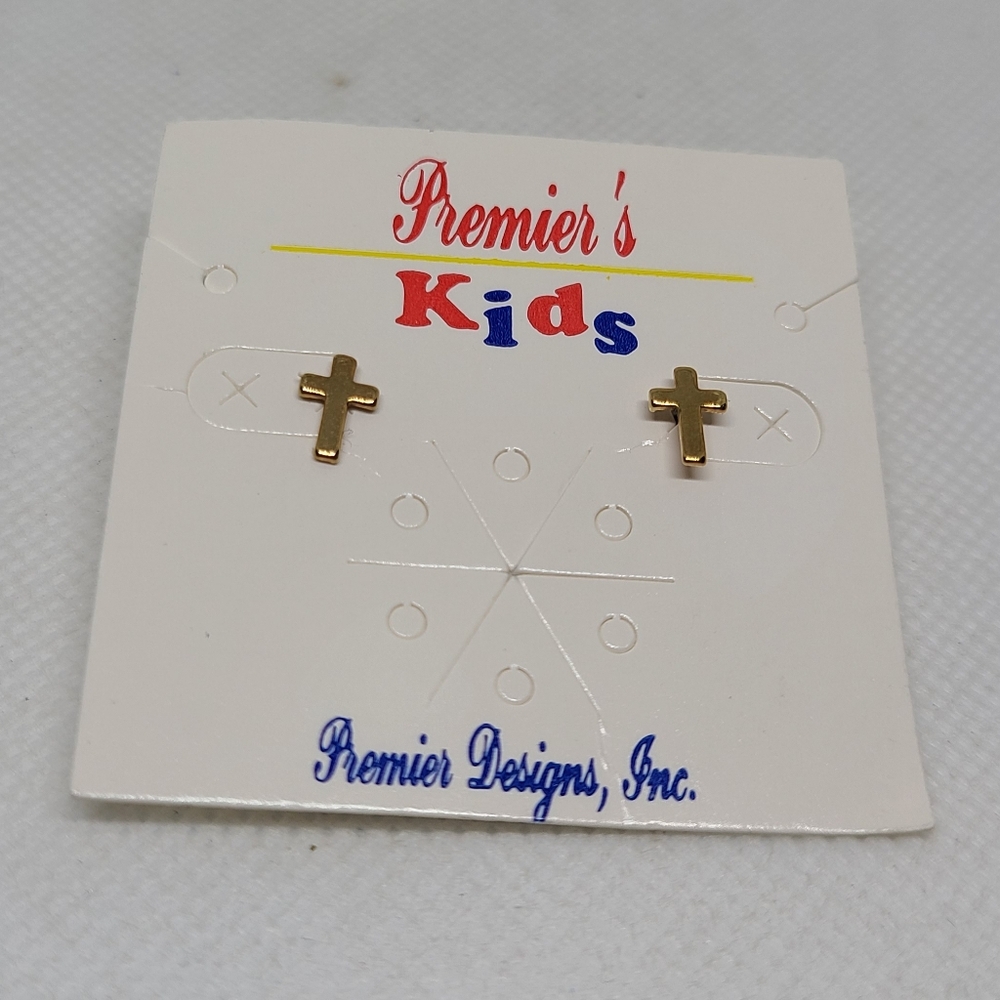Premier Designs kids Earrings Gold Tone Cross 1/4" Tall New